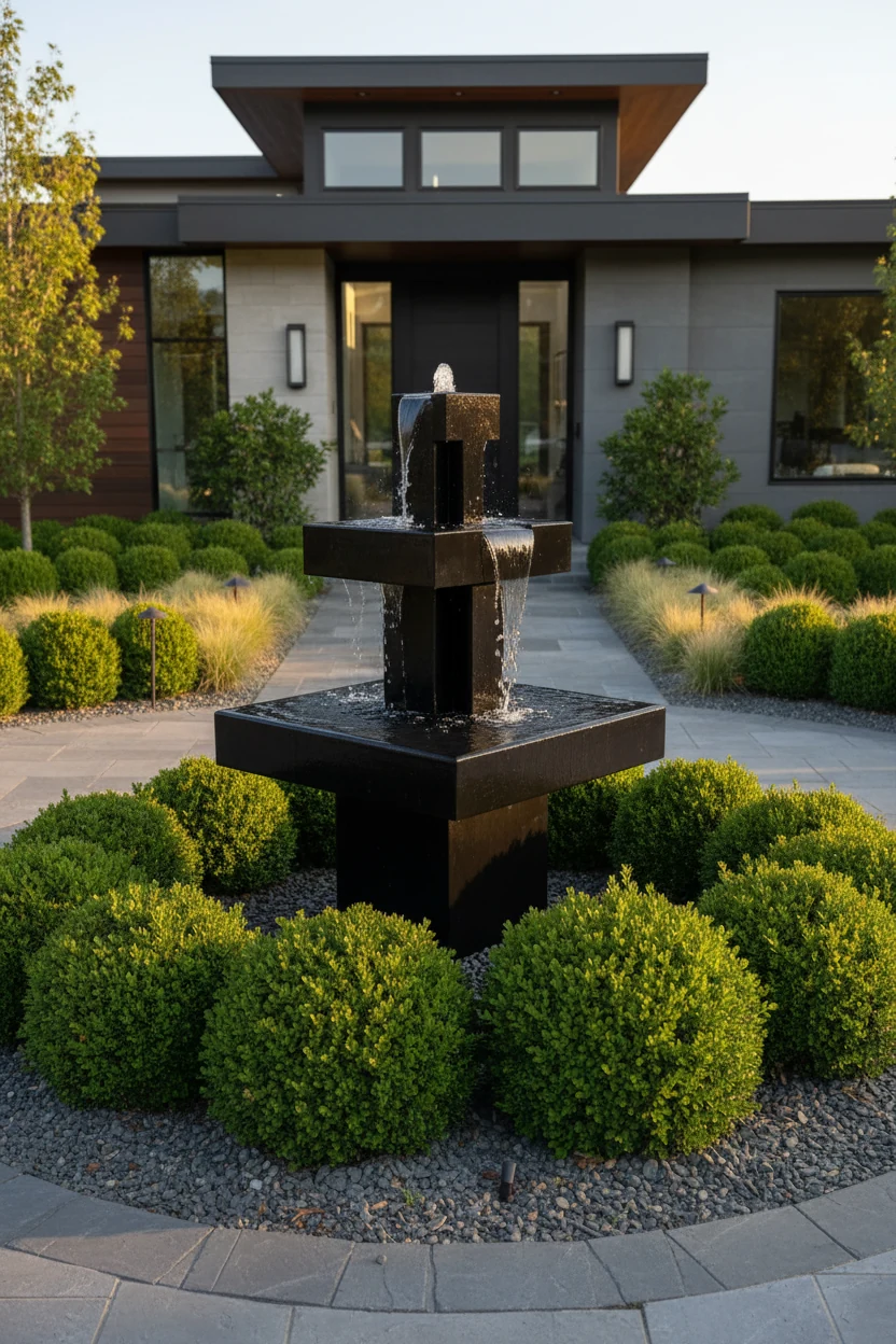 modern matte black tiered fountain surrounded by trimmed boxwood hedges at front yard entry
