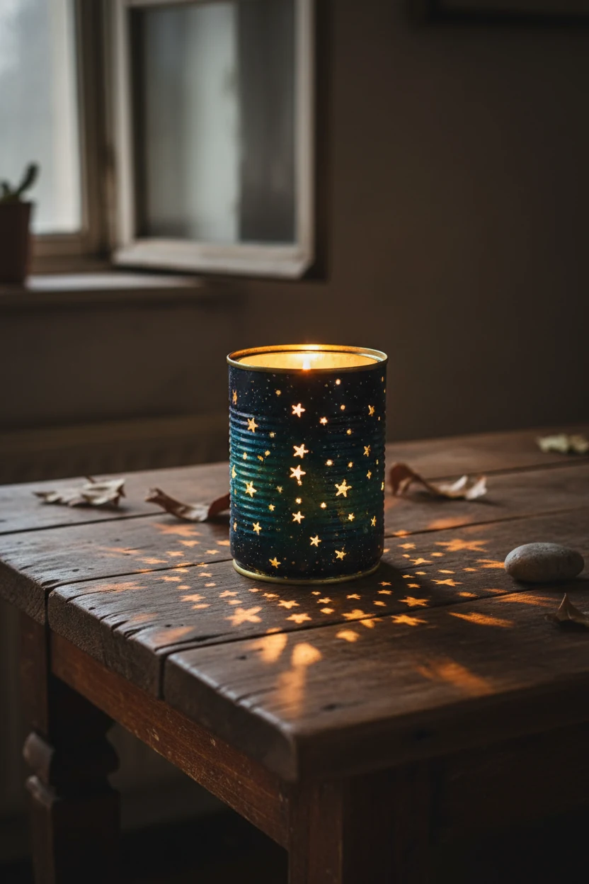 painted tin can lantern with star-shaped drilled holes glowing on wooden table