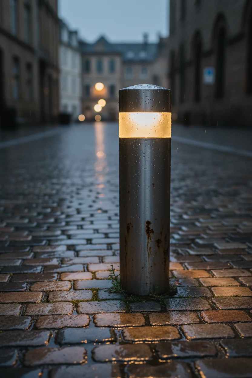 weathered stainless steel bollard light surrounded by wet cobblestones