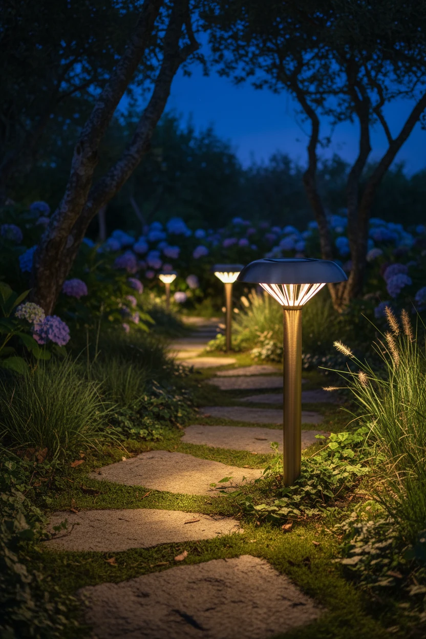 sturdy metal solar garden light glowing along narrow stone path