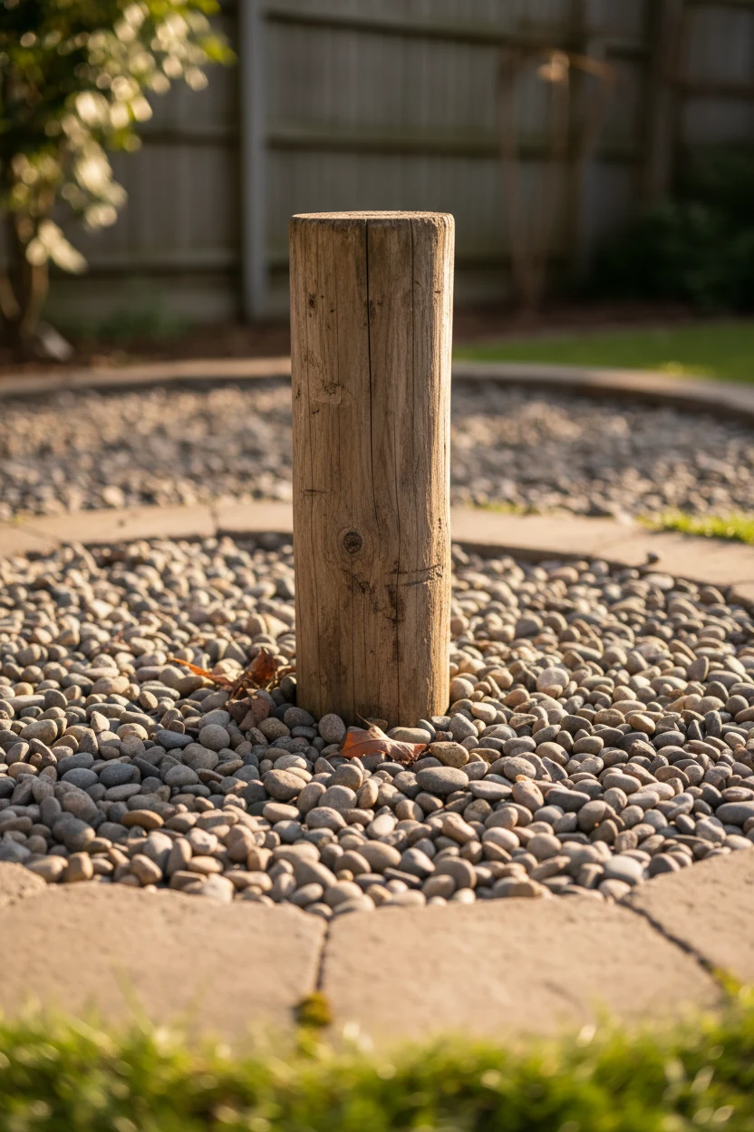 closeup rounded pea gravel potty corner, wooden pee post