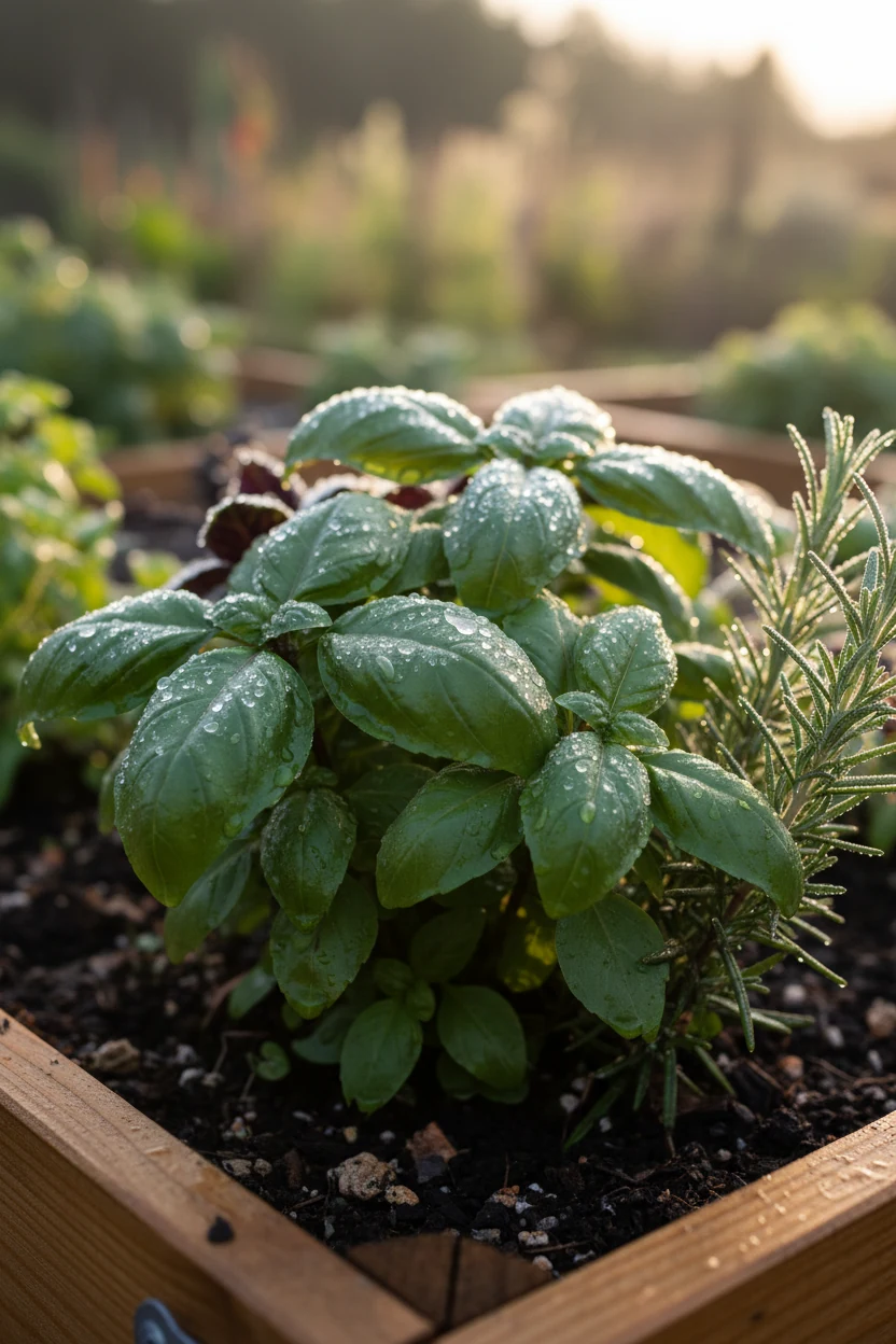 macro basil and rosemary leaves, morning dew, raised bed