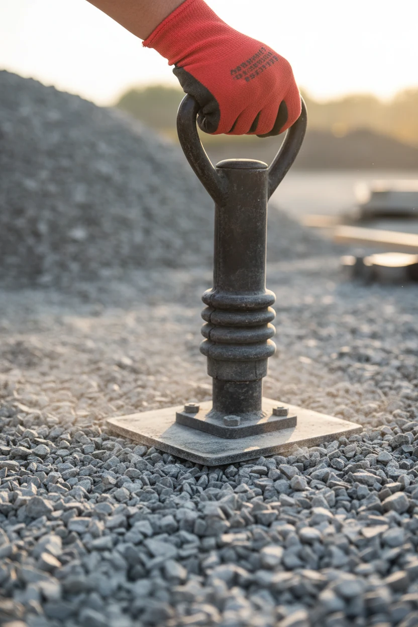 closeup red hand tamper compacting gray crushed stone base