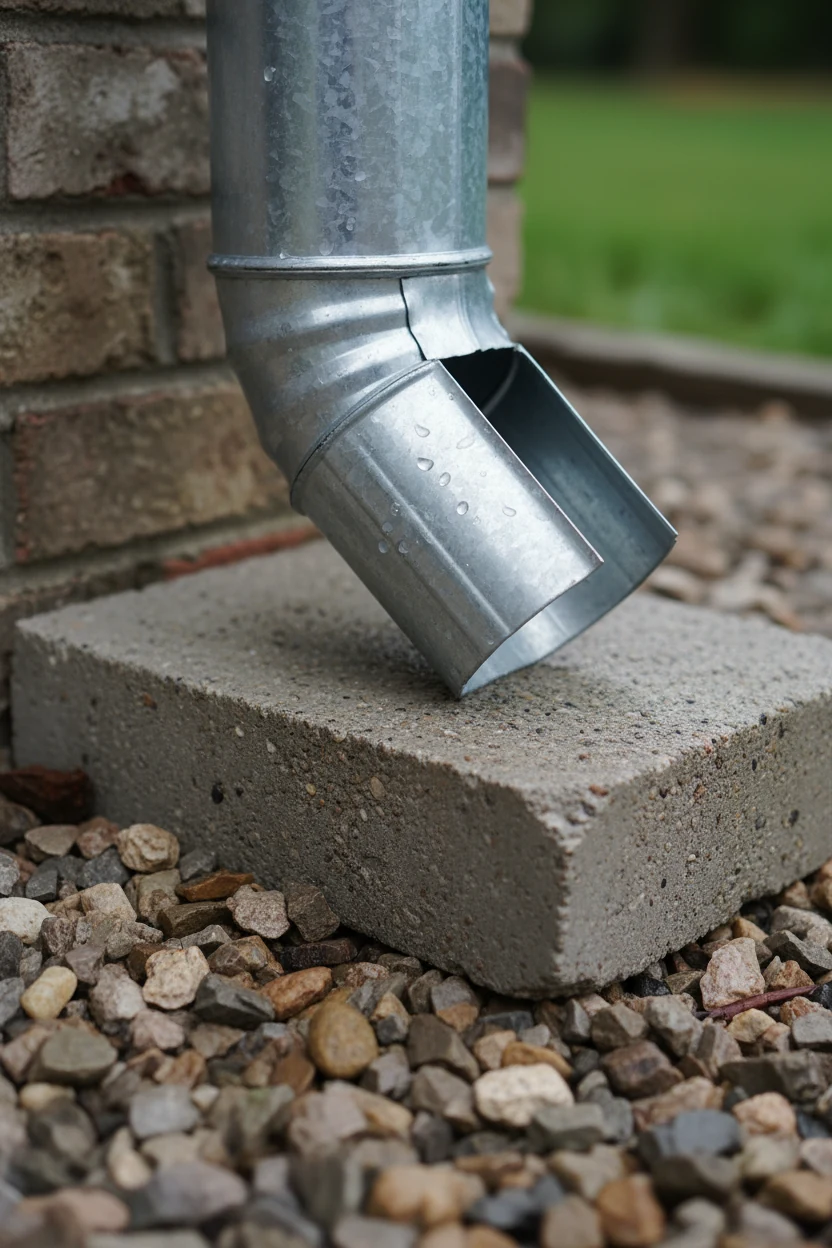 2. closeup galvanized downspout extension, concrete splash block on crushed rock