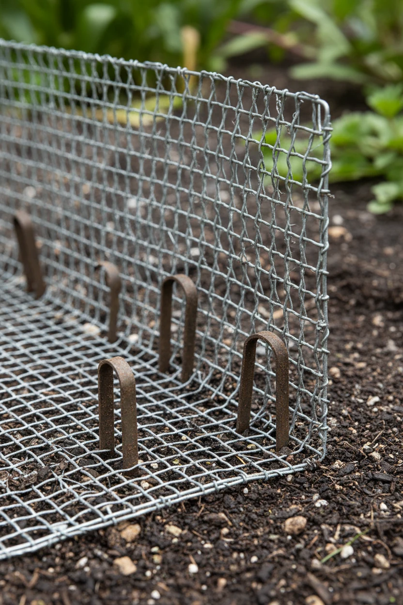 Closeup galvanized hardware cloth L-footer with landscape staples