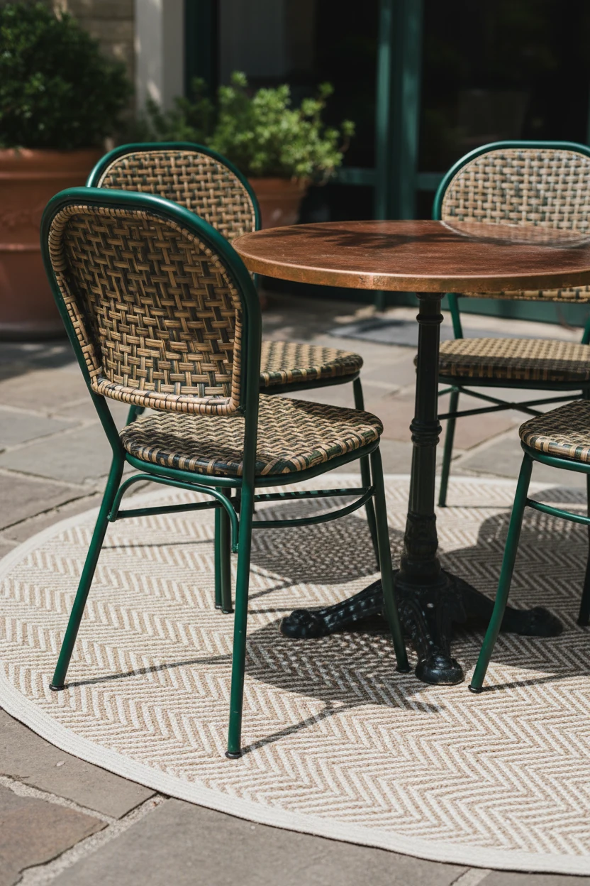 closeup metal café chairs on basketweave bistro circle, round table