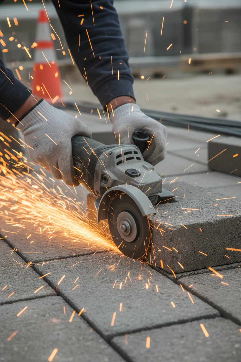 closeup angle grinder cutting 12x12 concrete paver sparks
