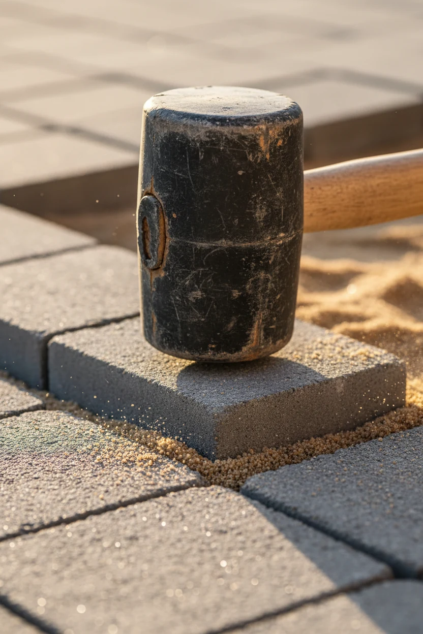 closeup rubber mallet tapping concrete paver into bedding sand