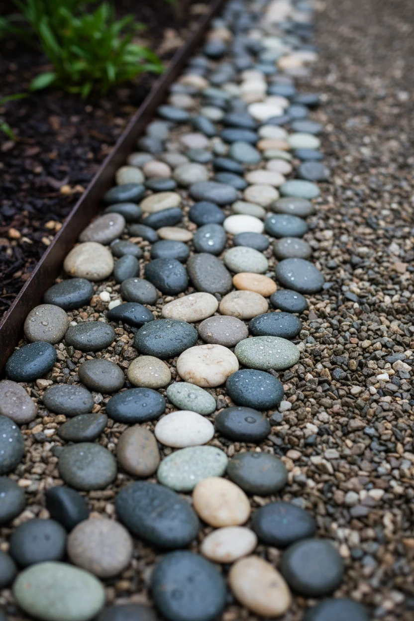 closeup gravel gaps filled with Mexican beach pebbles, metal edging