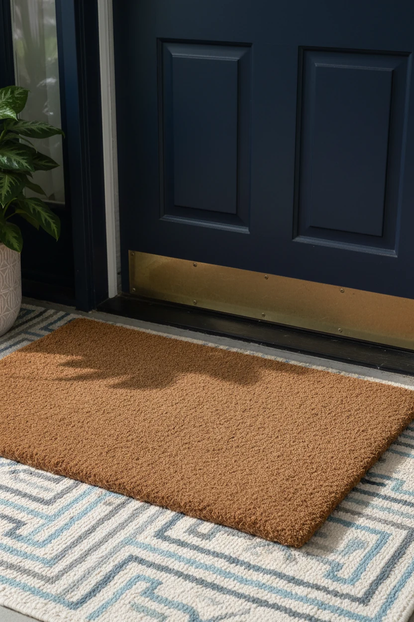 closeup oversized coir doormat on patterned rug, navy door