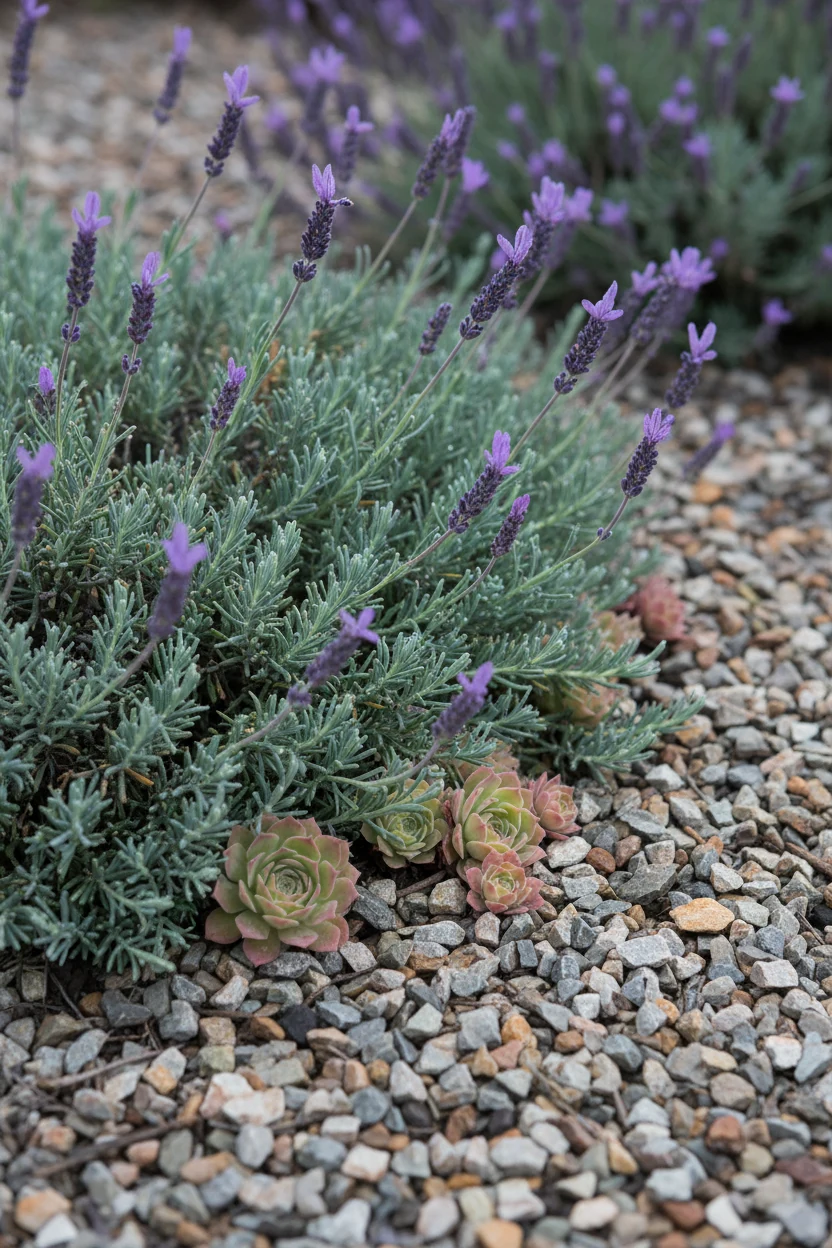 closeup dwarf juniper, lavender, sedum on gravel mulch