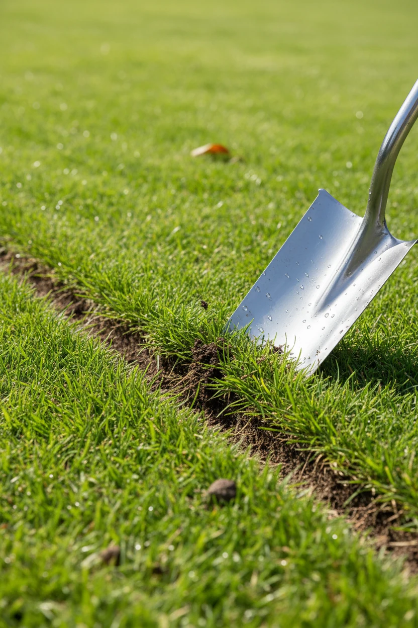 closeup spade cutting crisp V-shaped lawn edge