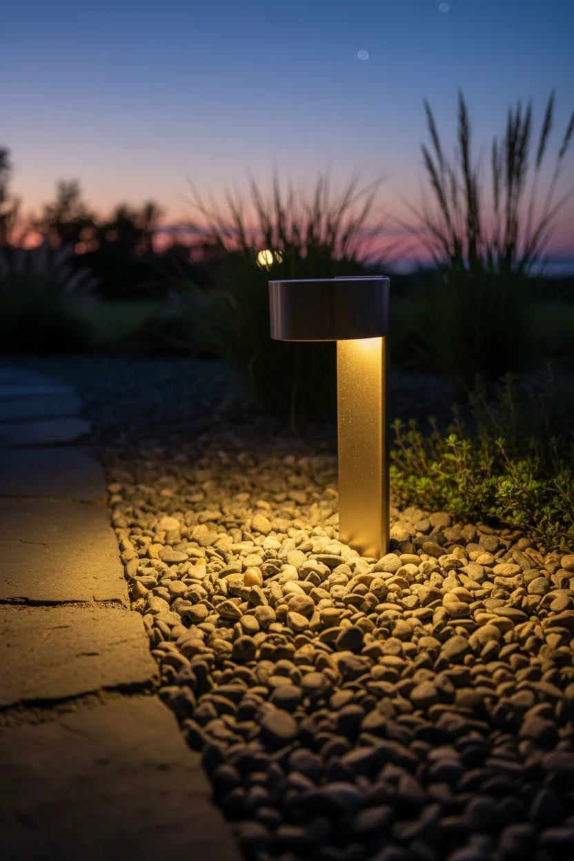warm LED path light grazing pea gravel at dusk
