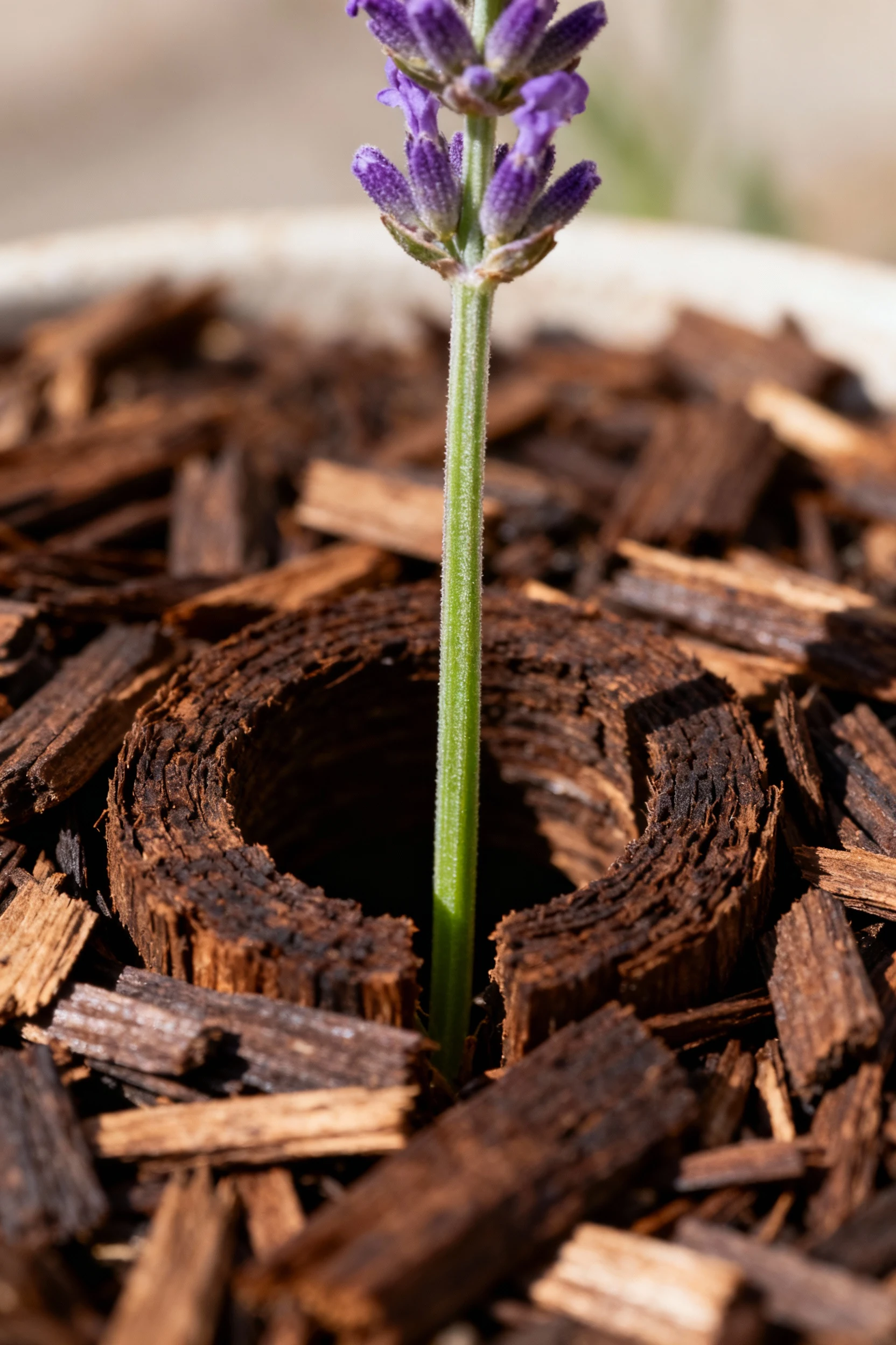 closeup of mulch ring around lavender, stem gap visible