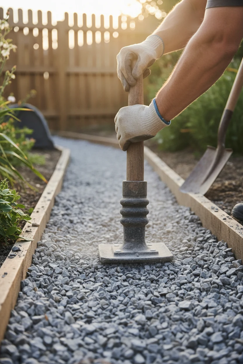 hands tamping crushed rock base for gravel path