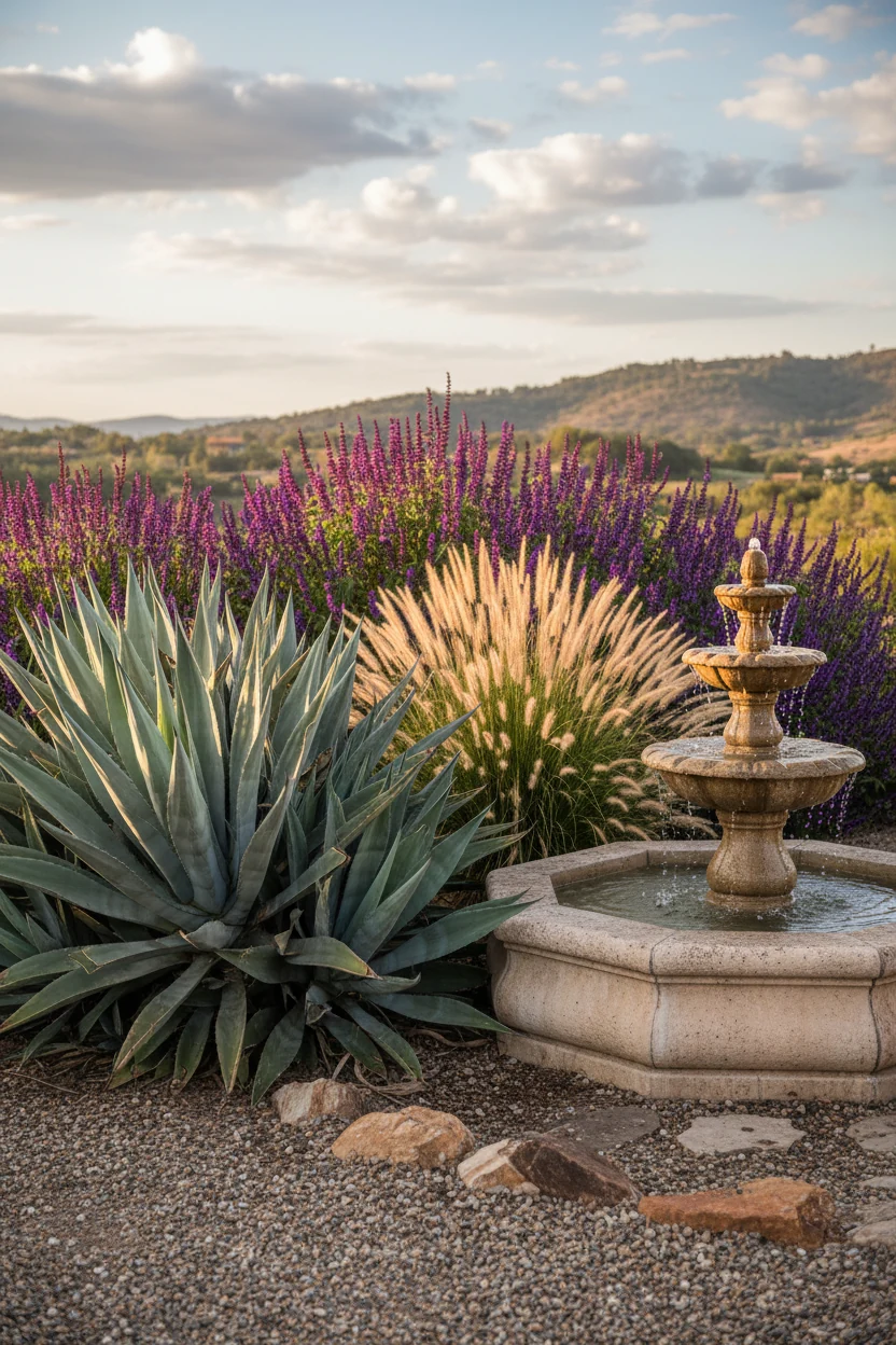 blue-green agave beside tan fountain grass, purple salvia spikes