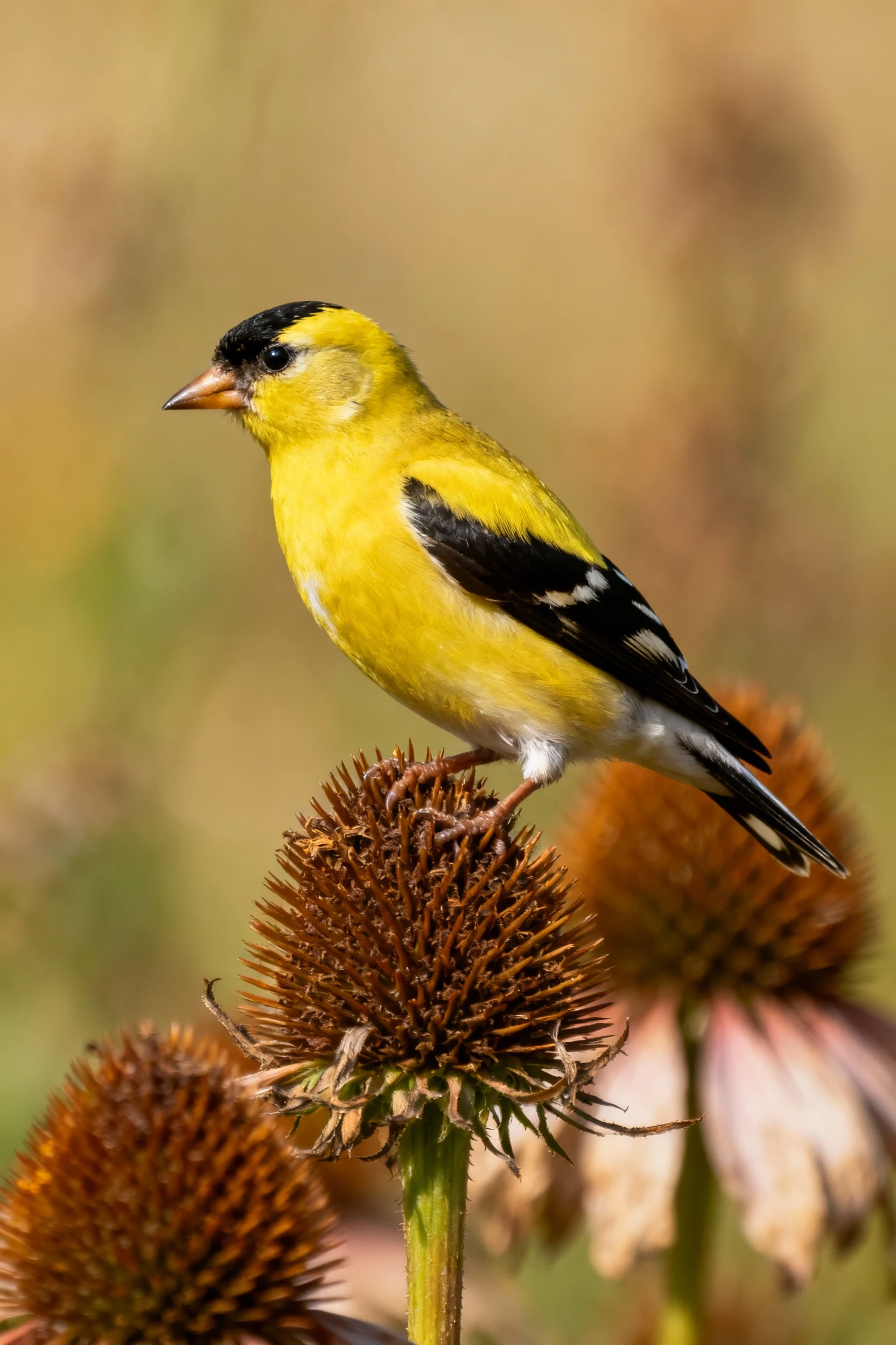 goldfinch perched on coneflower seedheads, late-summer closeup