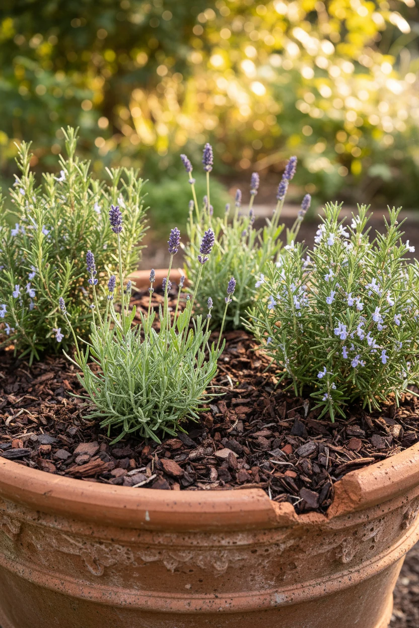 lavender and rosemary in bark mulch, terracotta pot