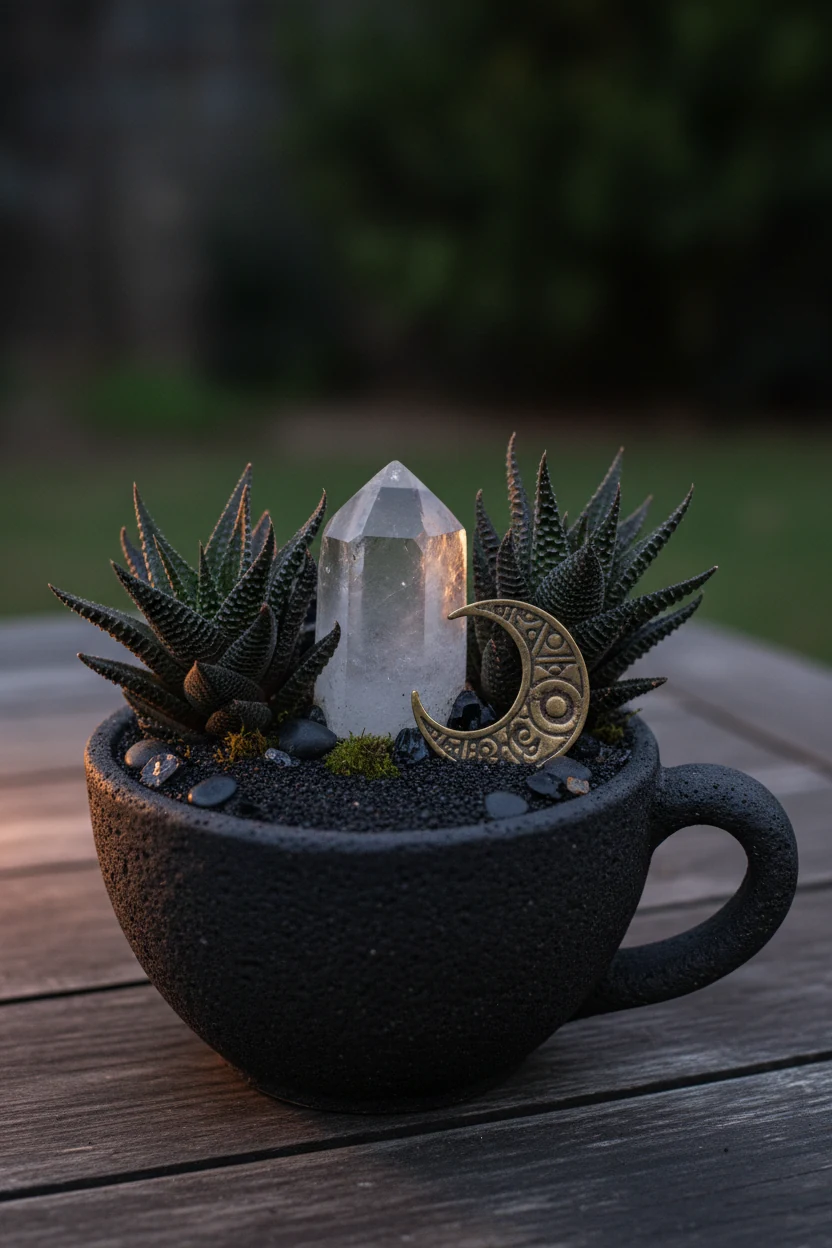 black-sand teacup garden, dark haworthia, quartz point, brass crescent