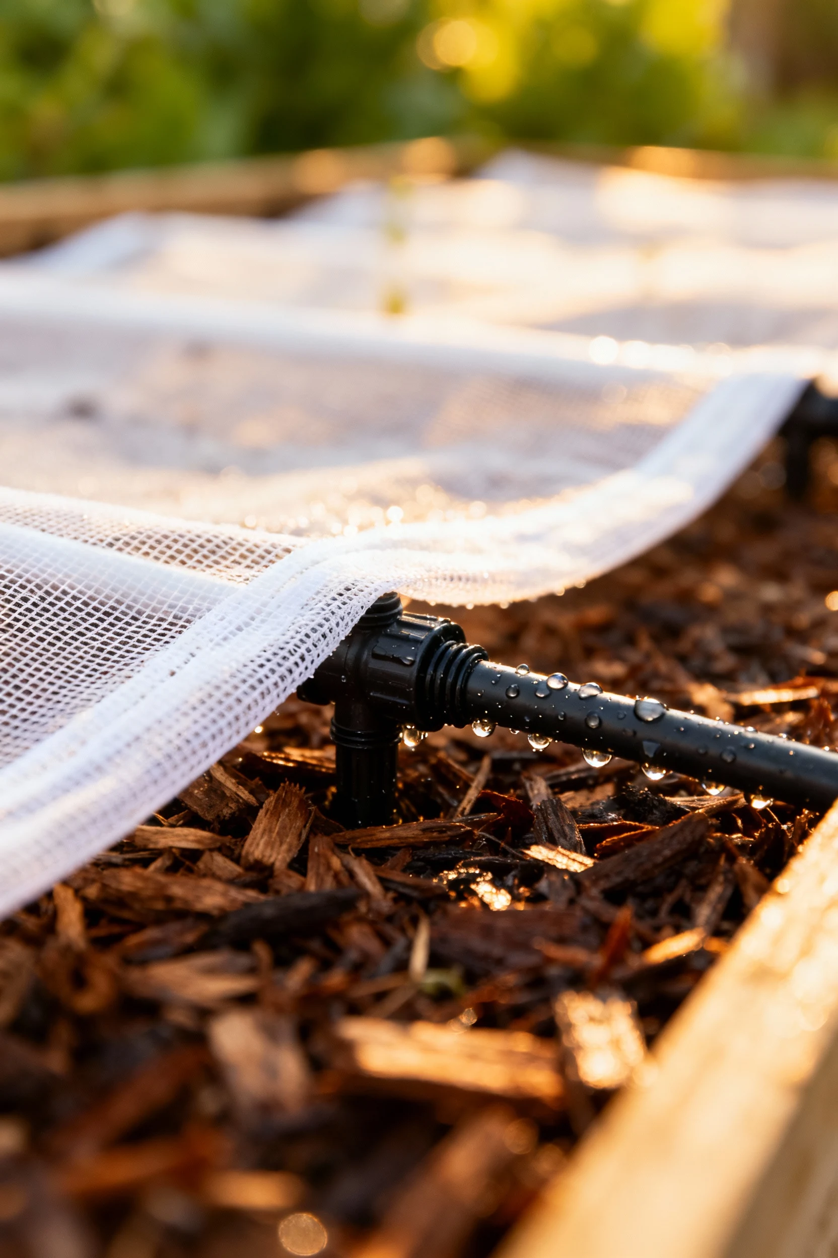 closeup drip irrigation on mulched 4x8 bed, white support netting