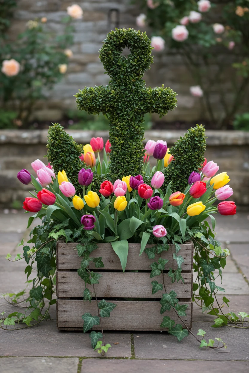 closeup boxwood anchor with tulips and ivy trailing
