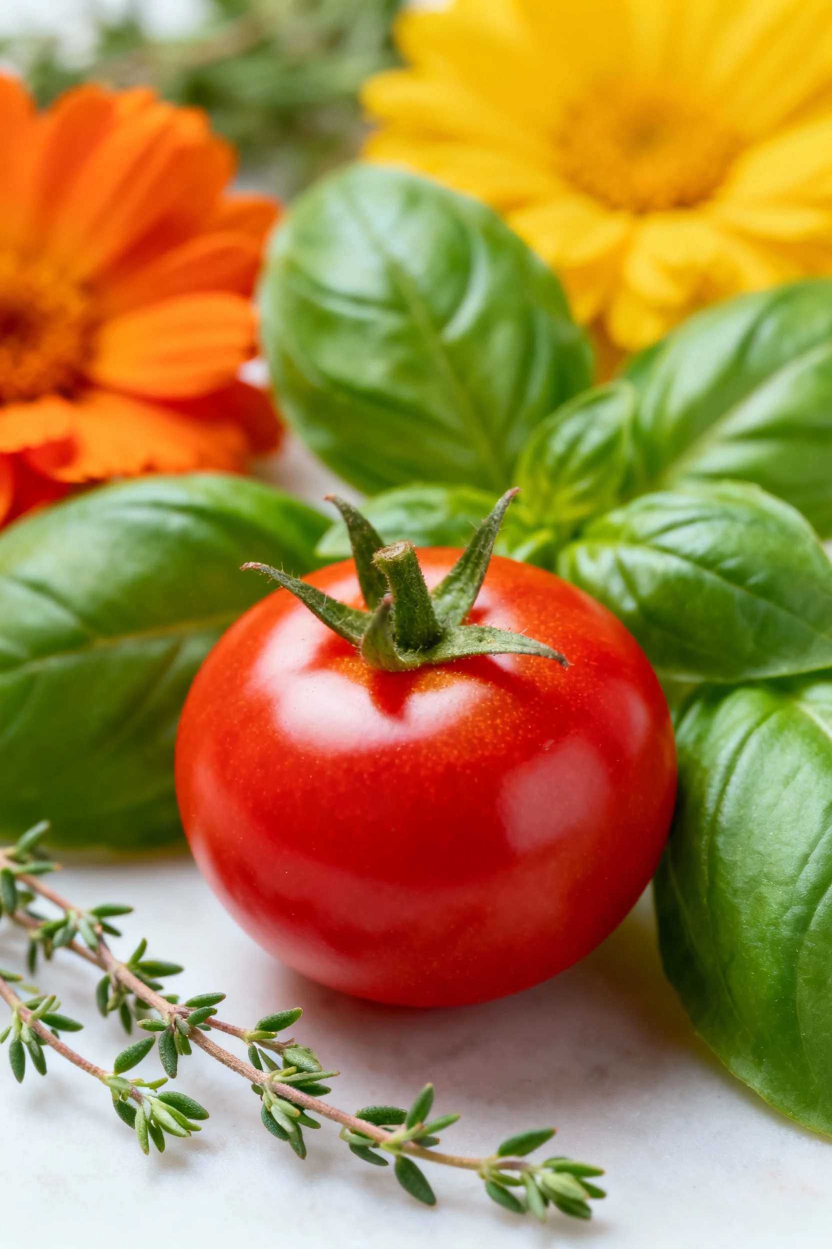 closeup dwarf tomato with basil, marigold, trailing thyme