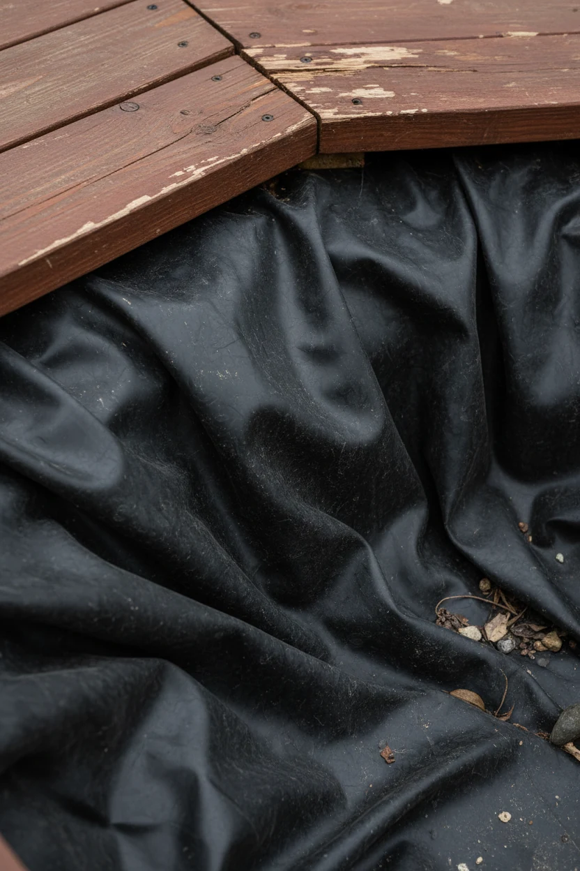 closeup black EPDM liner folds beneath stained cap boards