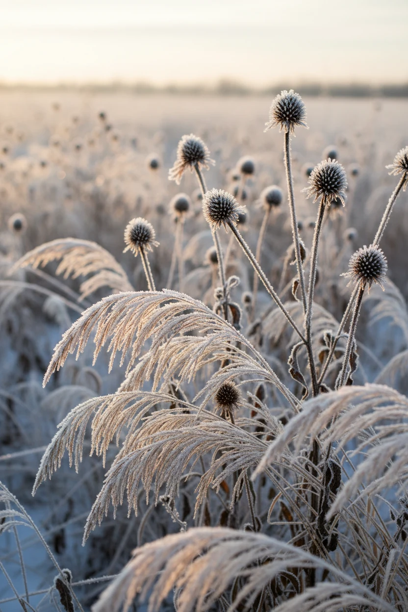 frosted Panicum seed heads with standing coneflower seedheads