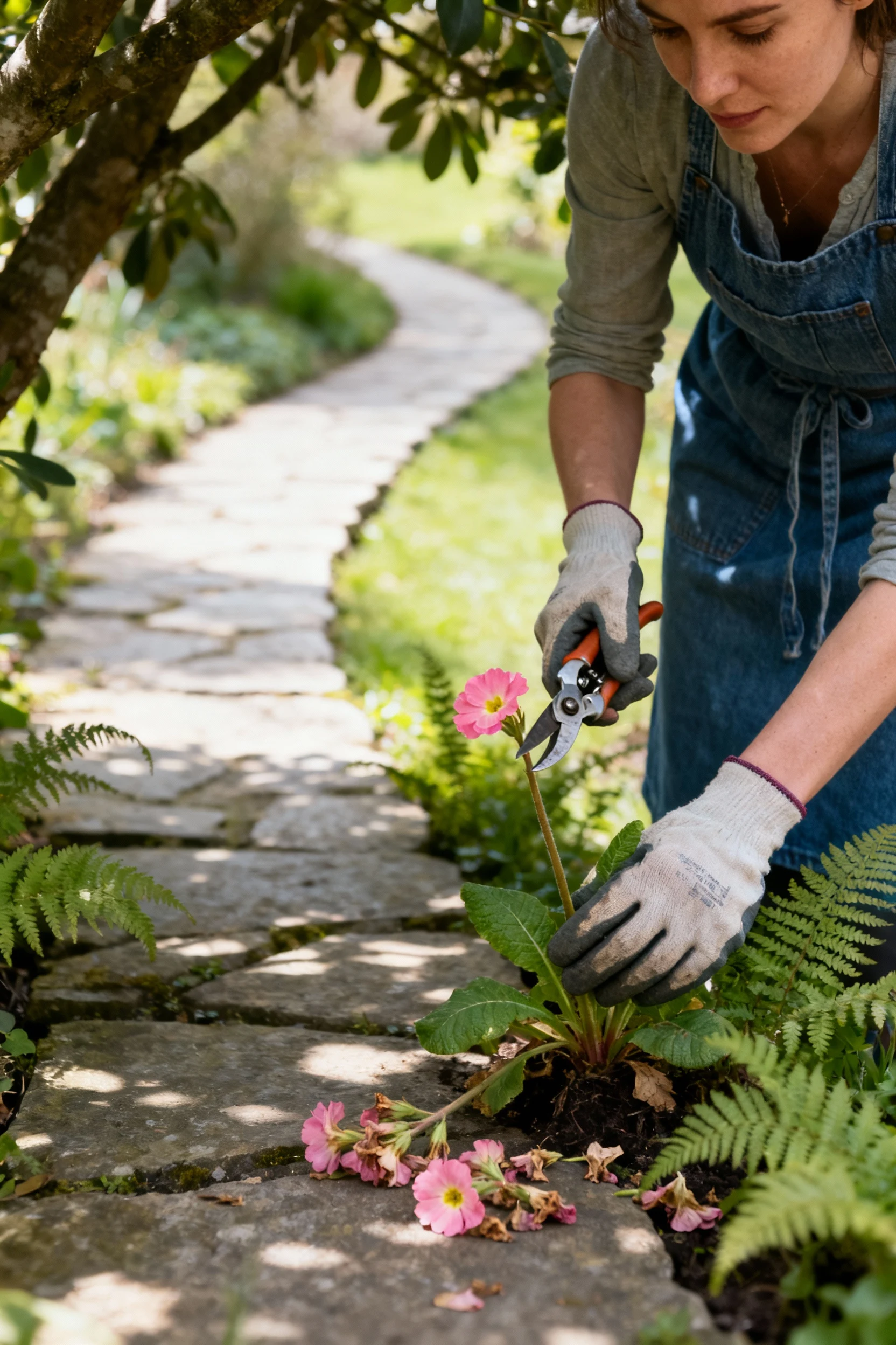 female gardener deadheading primrose along shady path