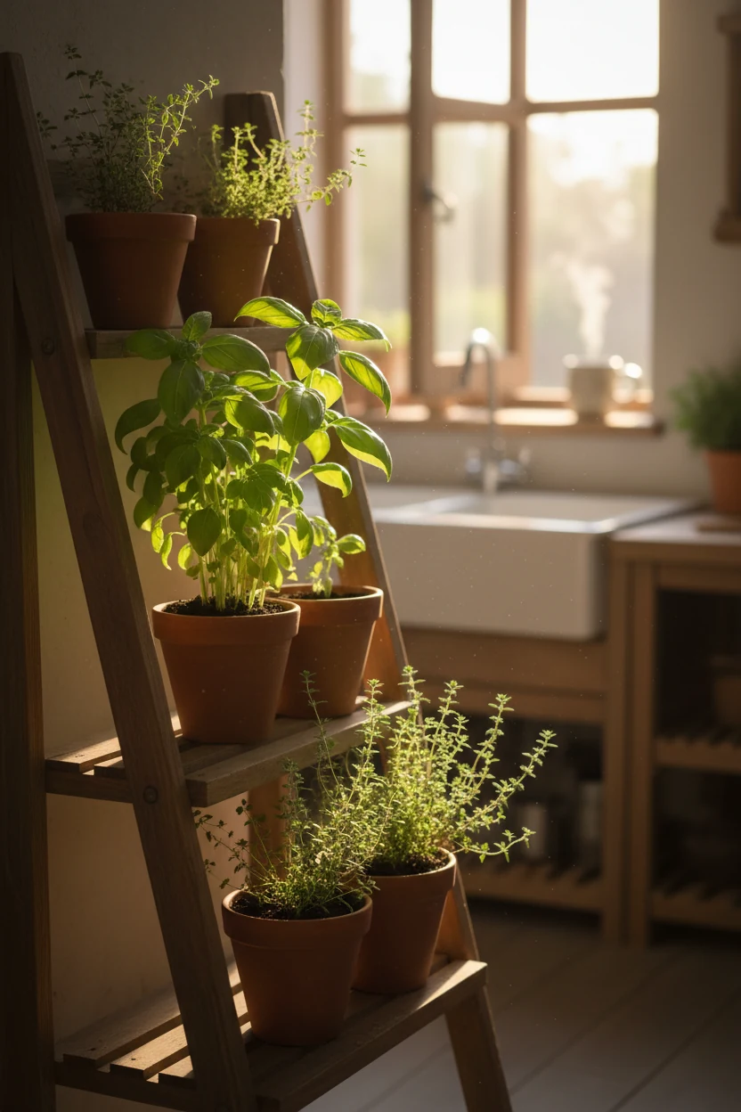 morning sunlight hitting ladder-style shelf with potted basil and thyme