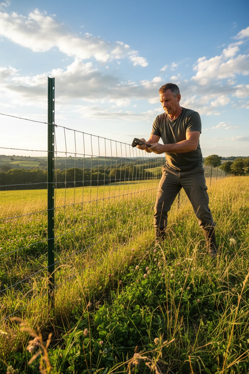 male farmer stretching woven wire between two green metal T-posts