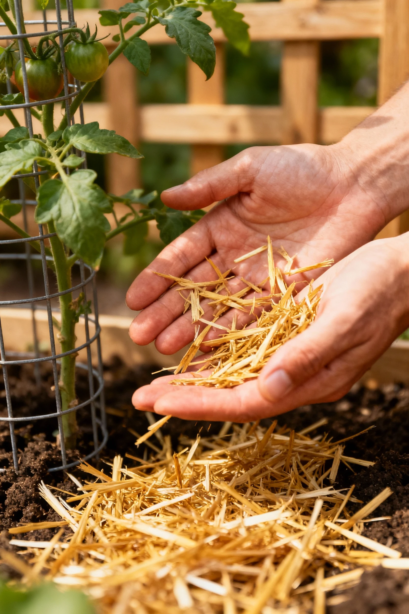 closeup hands spreading straw mulch around caged tomato plant