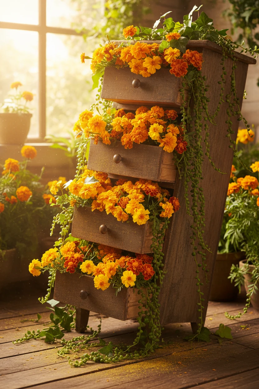 stacked wooden dresser drawers filled with marigolds and trailing plants