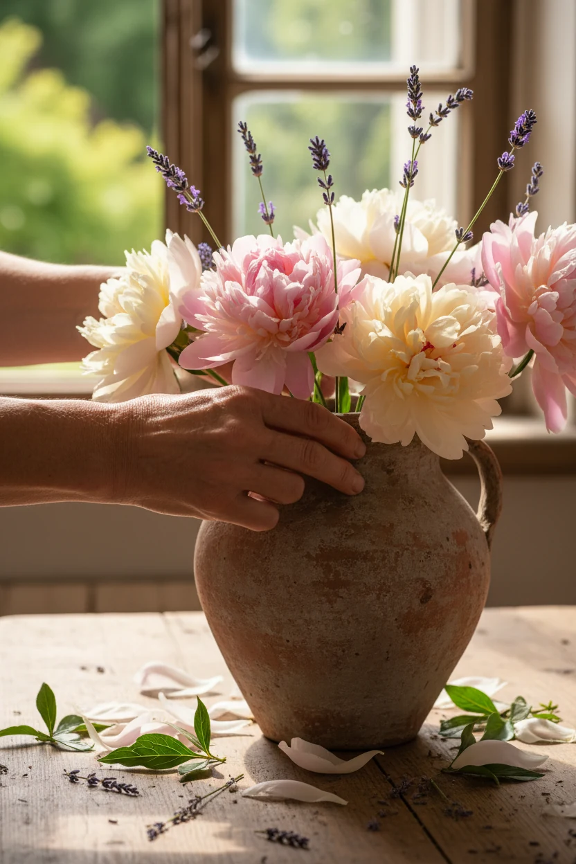 hands arranging pastel peonies and lavender stems in rustic clay pot