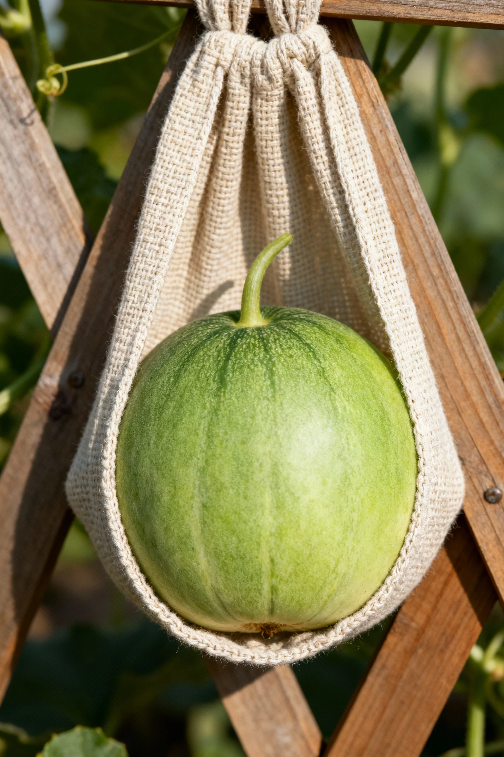 Closeup fabric sling supporting small melon on A-frame trellis