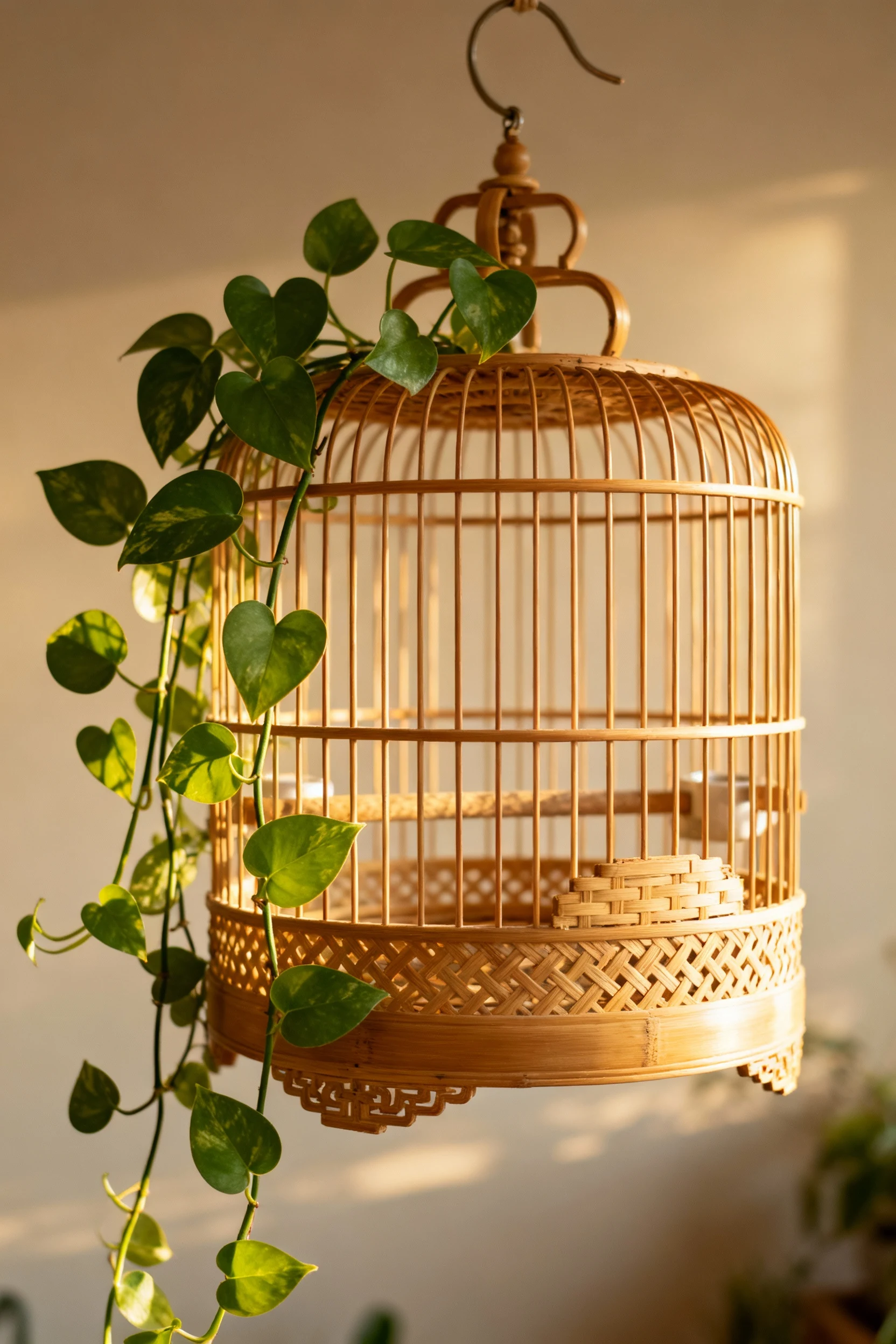 hanging bamboo bird cage with cascading pothos plant