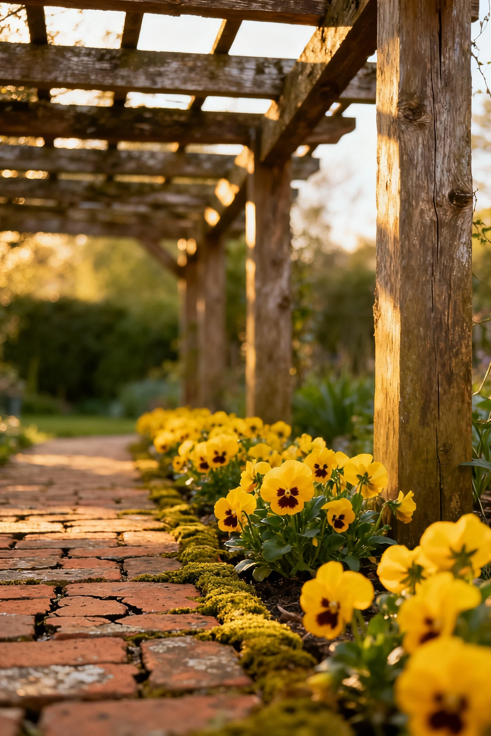 rustic wood-tone pergola with yellow pansies on brick path