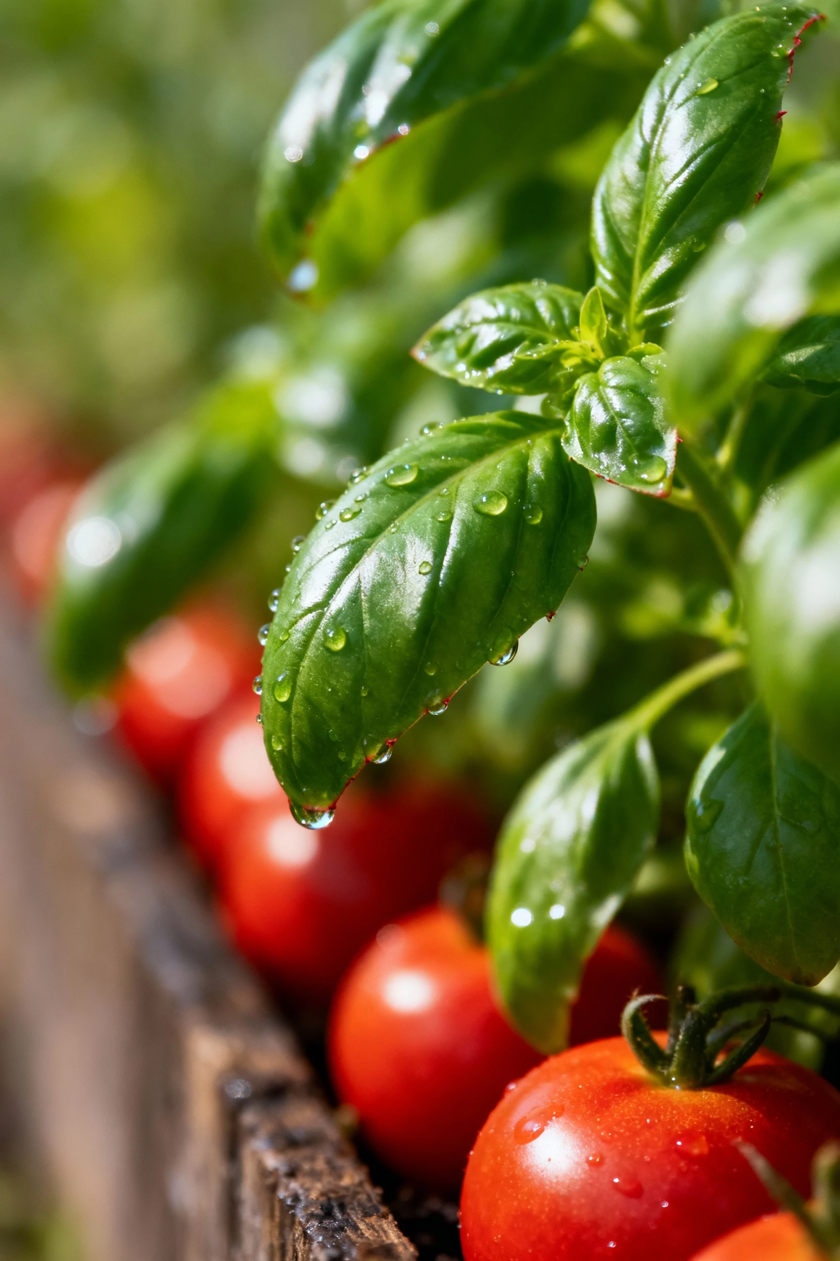 basil along tomato border closeup, glossy leaves, morning dew