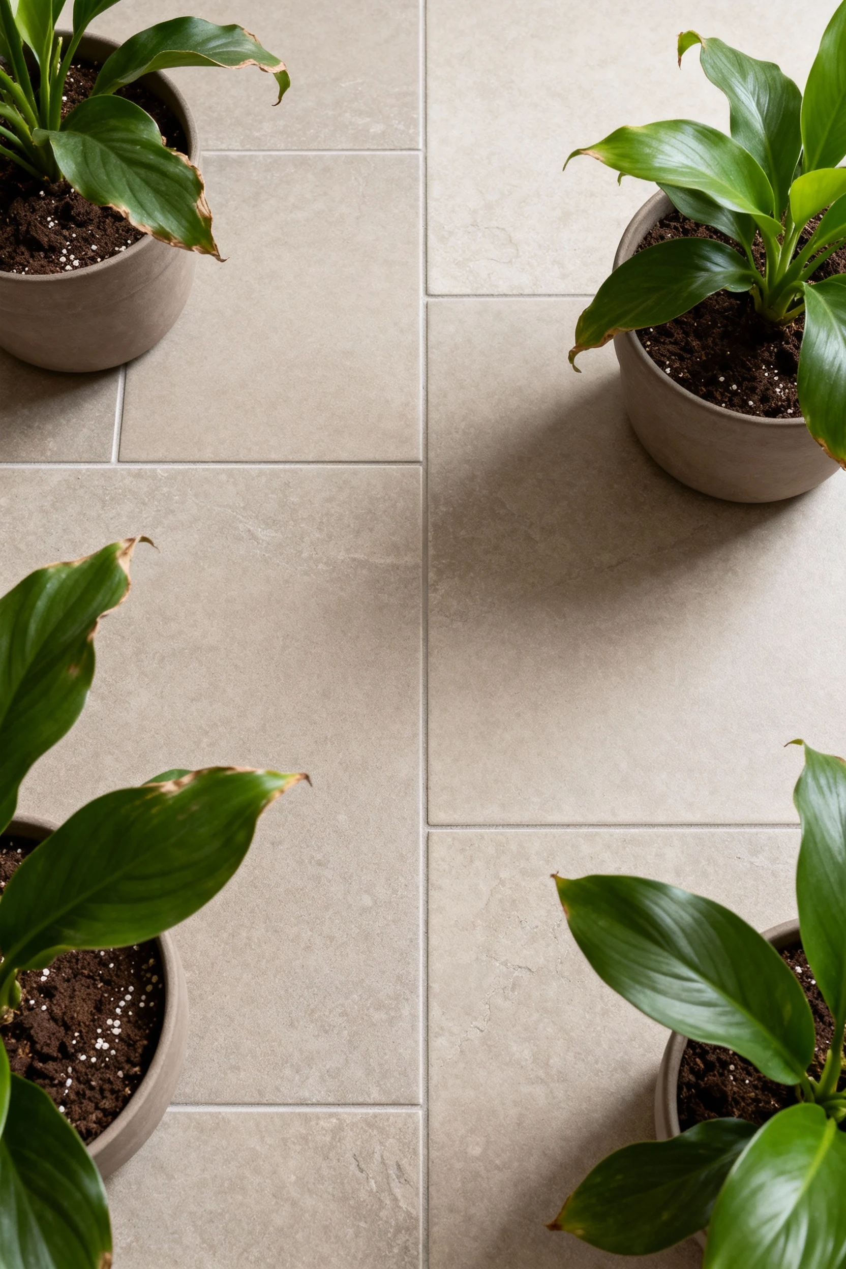 matte stone tiles with green potted plants in corners