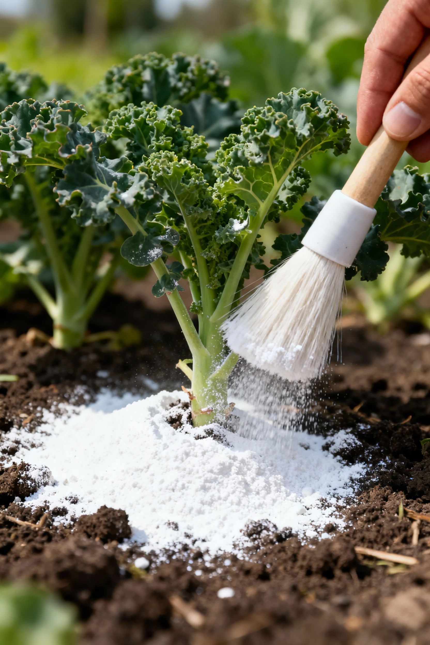 hand duster applying white diatomaceous earth around kale stems
