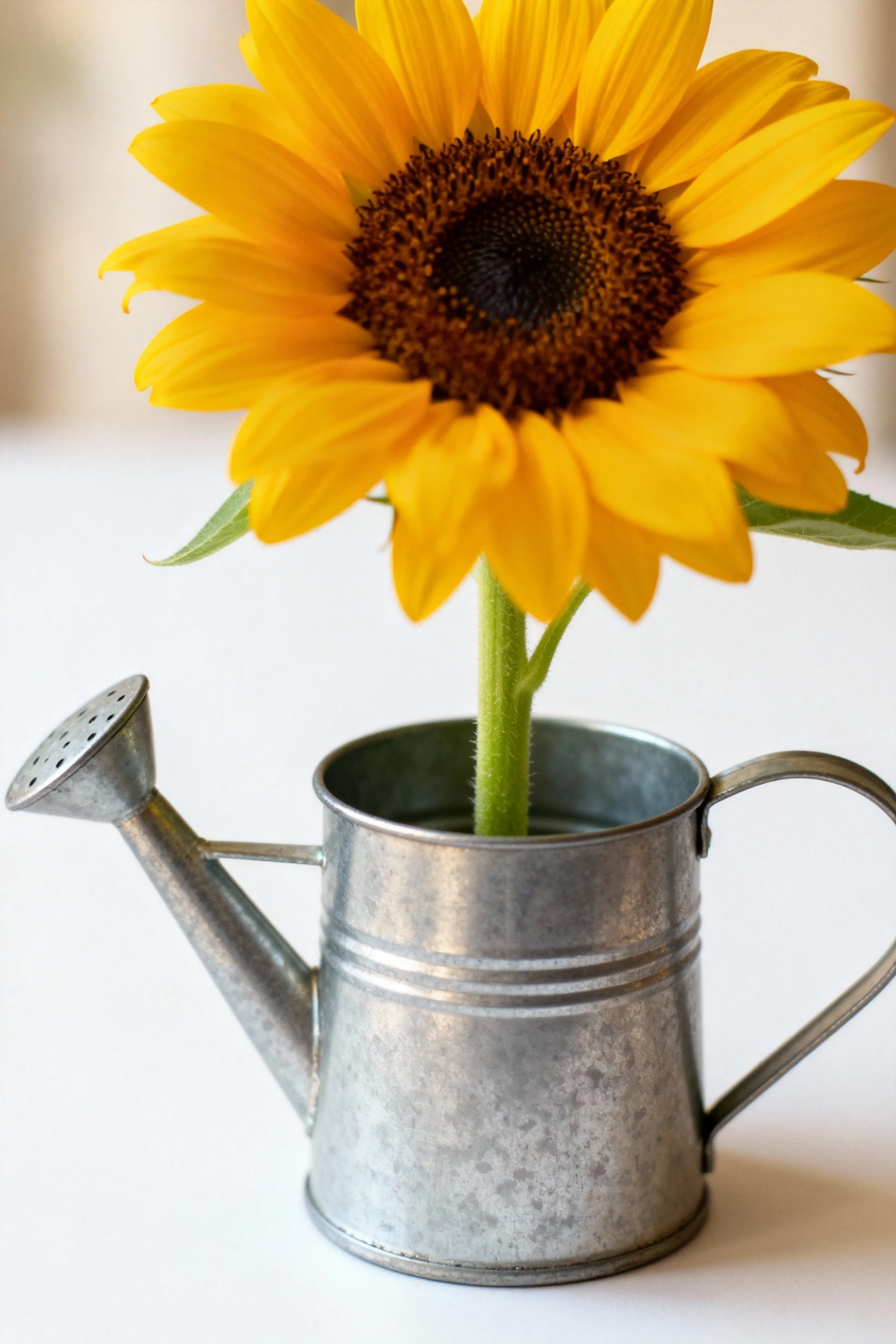 small metal watering can with sunflower growing inside