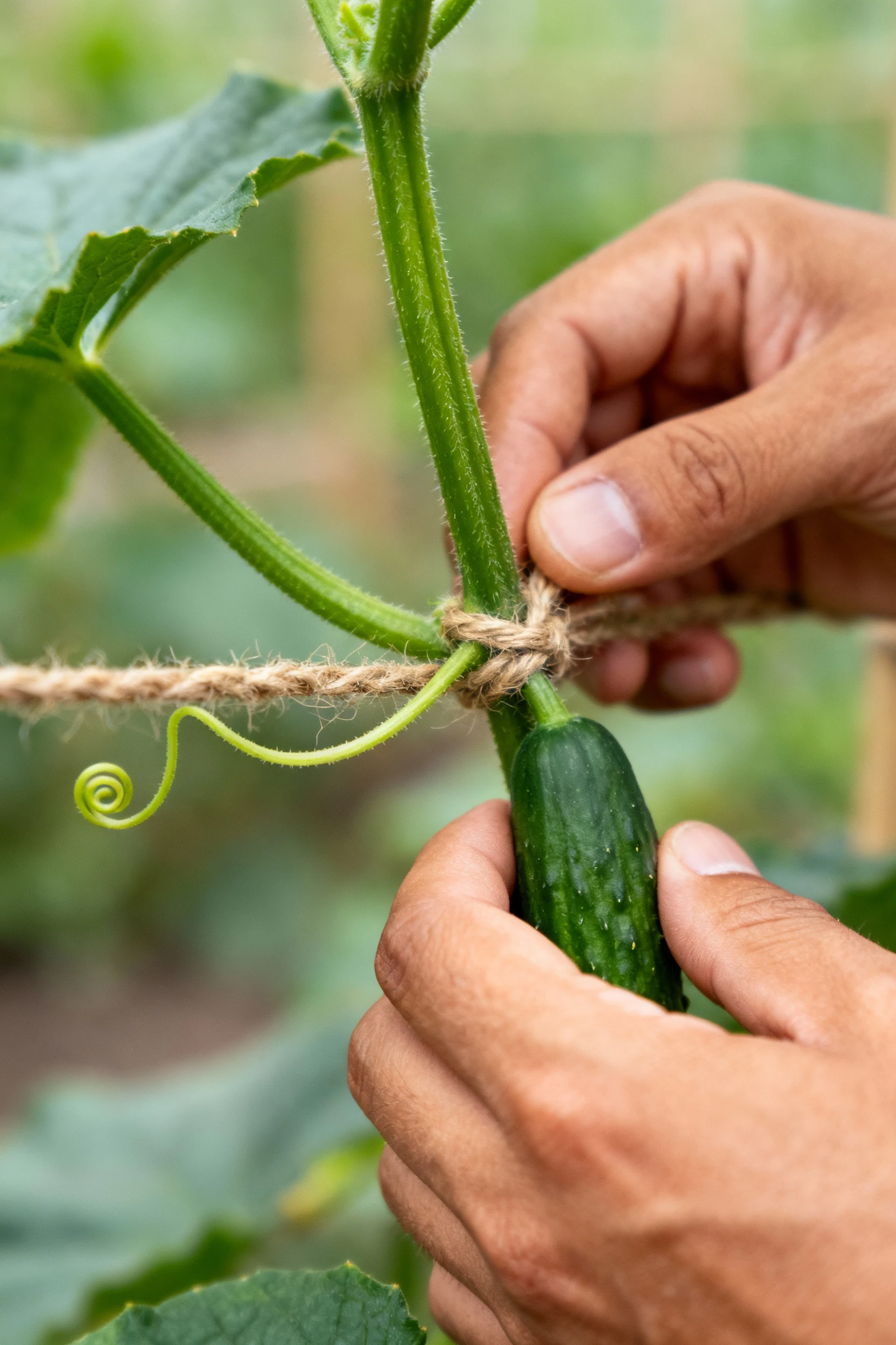 closeup hands tying cucumber vine to twine trellis