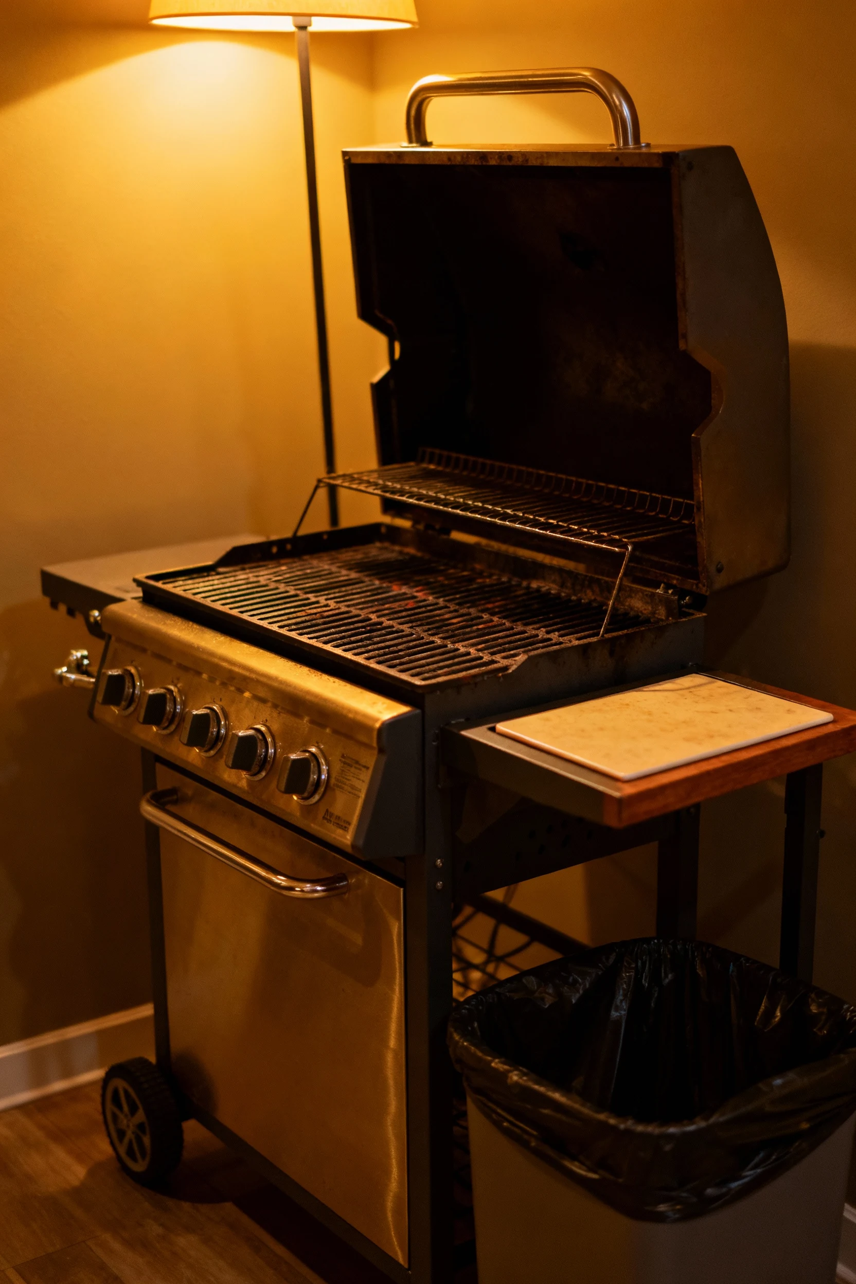 closeup basic grill, side table, trash bin, warm lamp