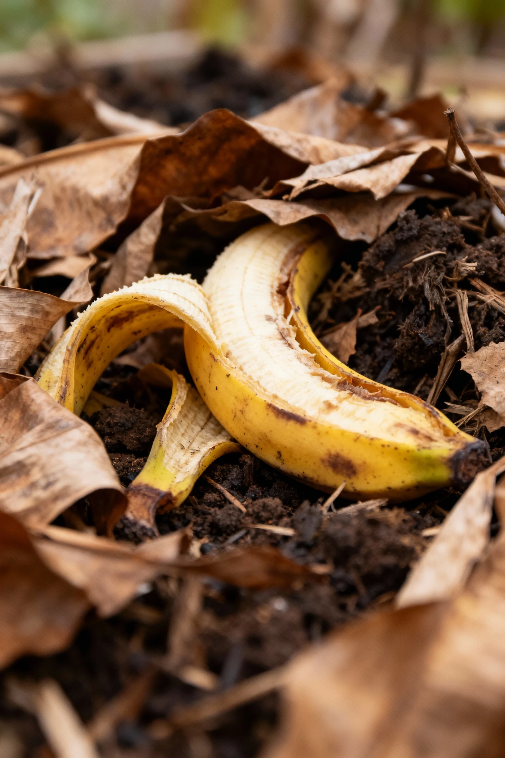 closeup banana peels under dry brown leaves compost pile