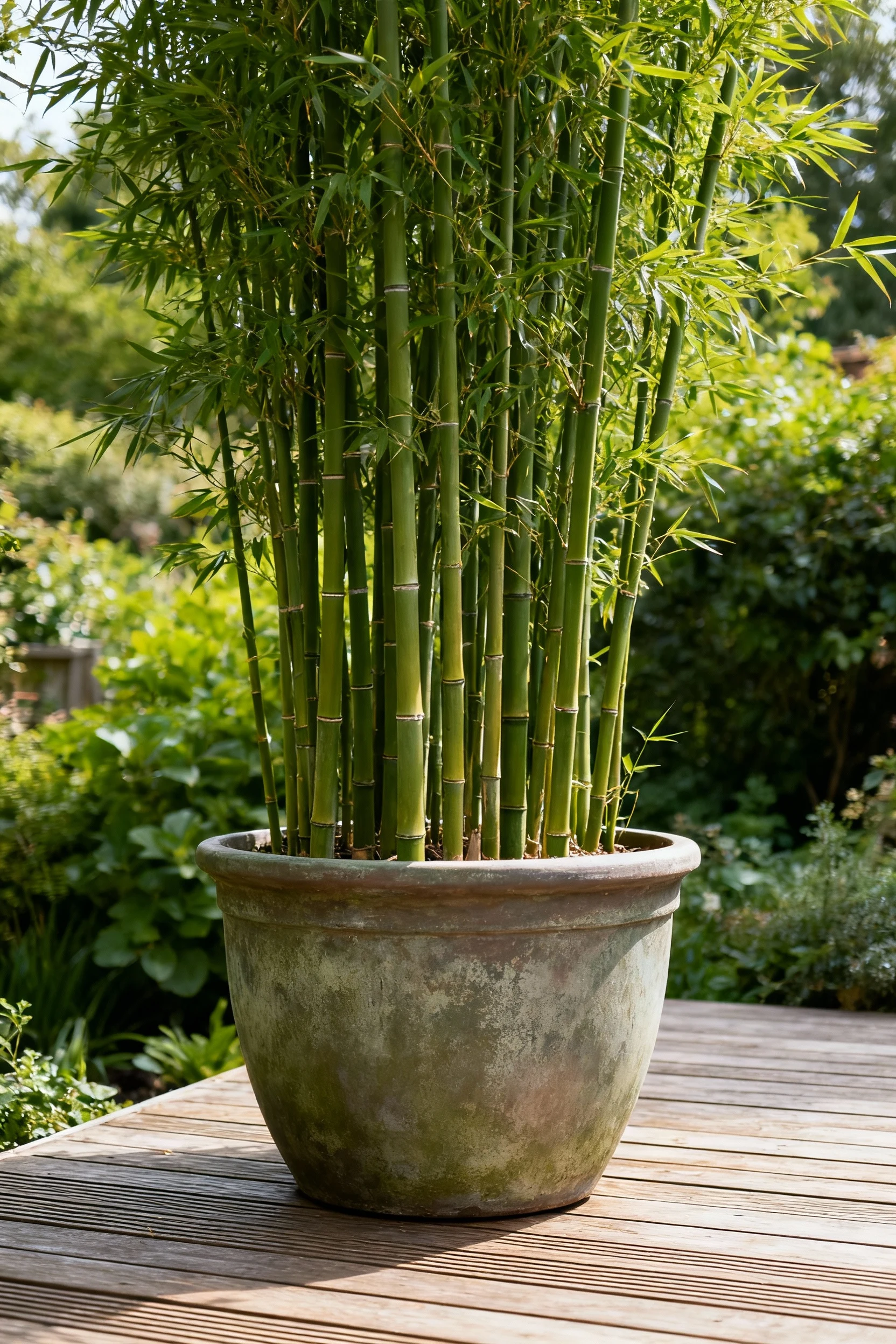 tall clumping bamboo in large frost-proof planter on wooden deck