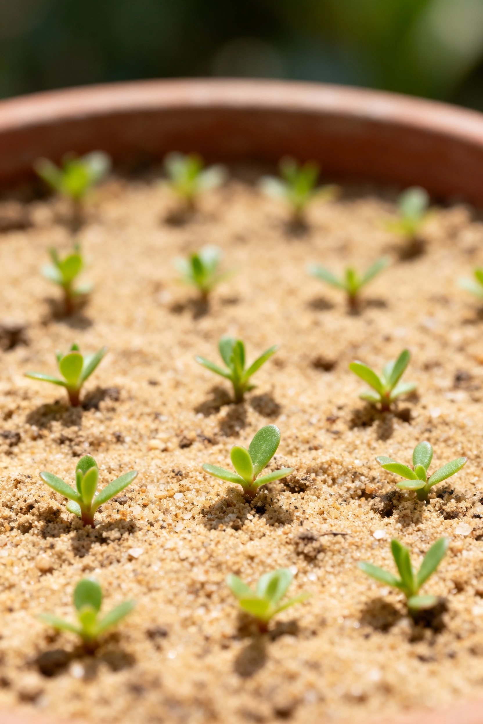 closeup of sandy potting soil with small portulaca seedlings spaced evenly