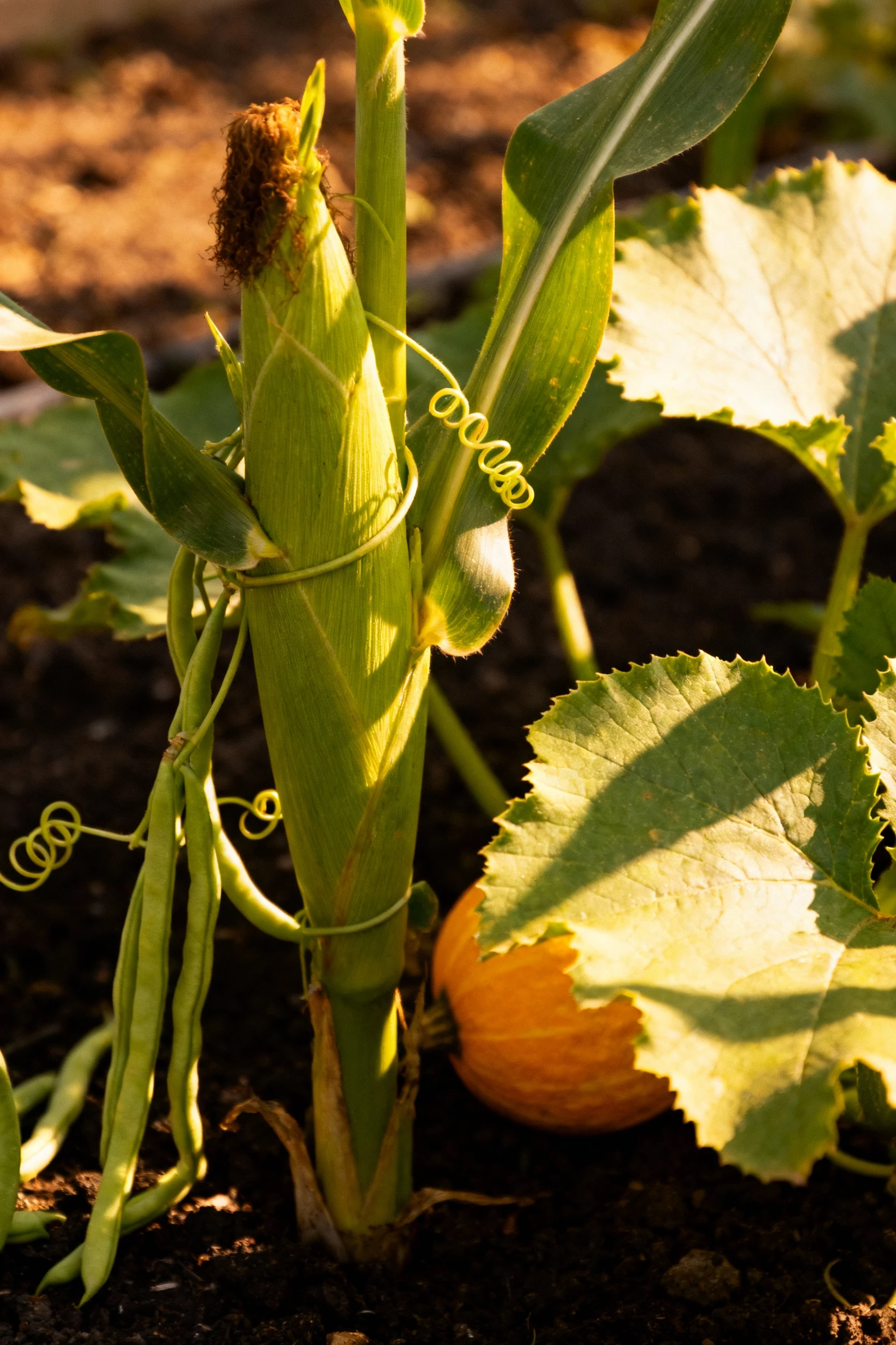 closeup corn stalk entwined pole beans, squash leaves shading soil
