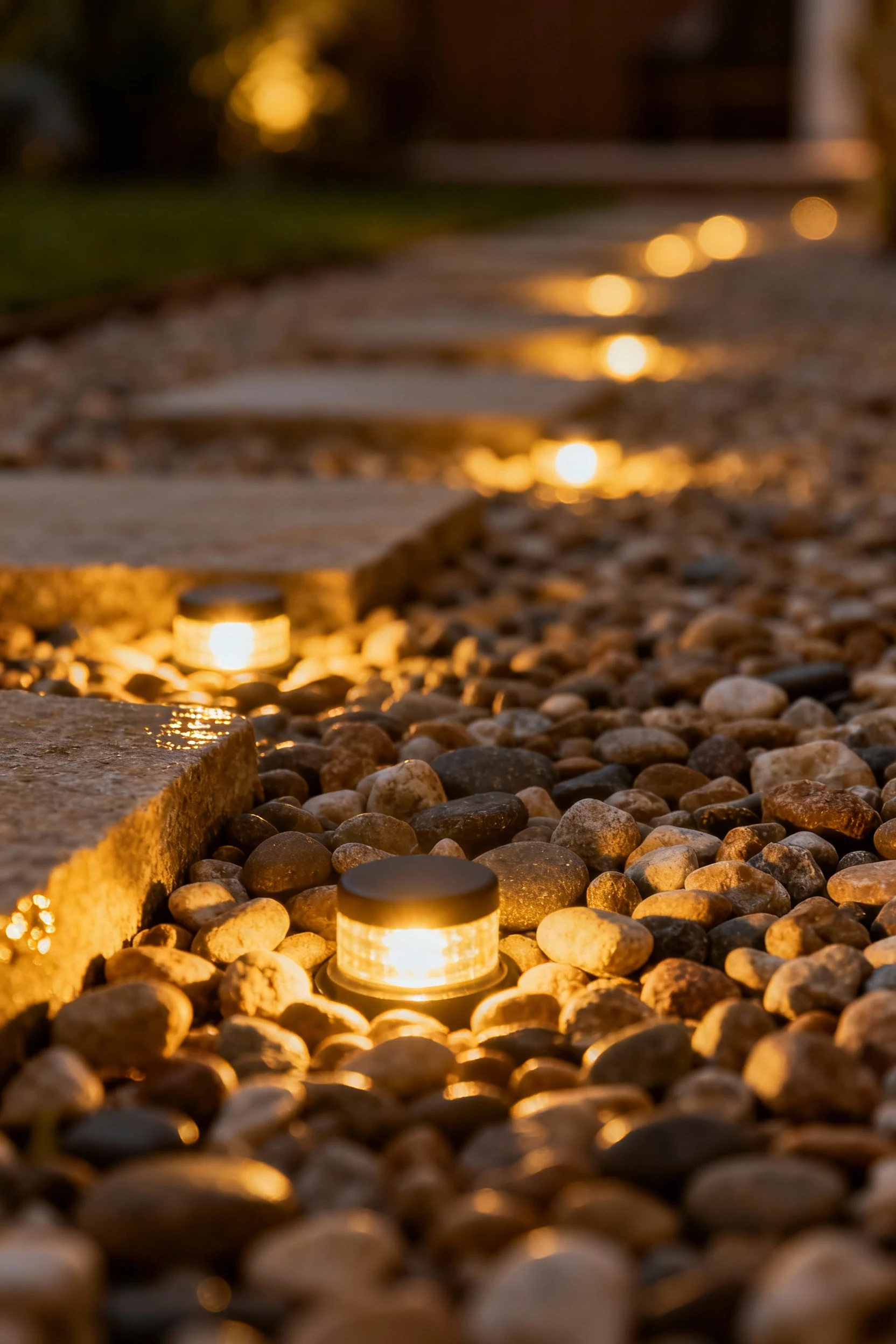 closeup warm LED path lights along pea gravel patio
