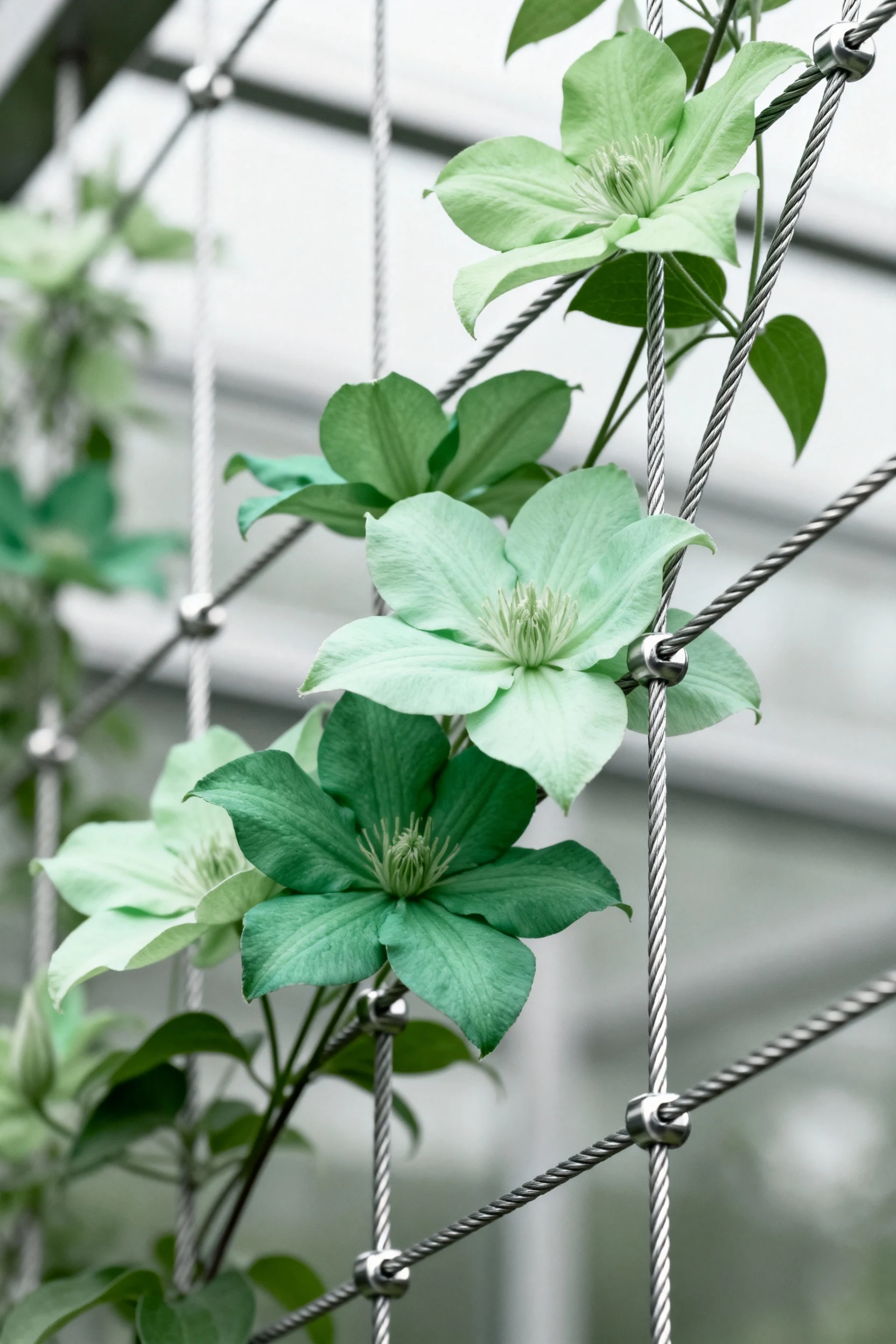 closeup stainless cable trellis lines, clematis bloom, monochrome greens