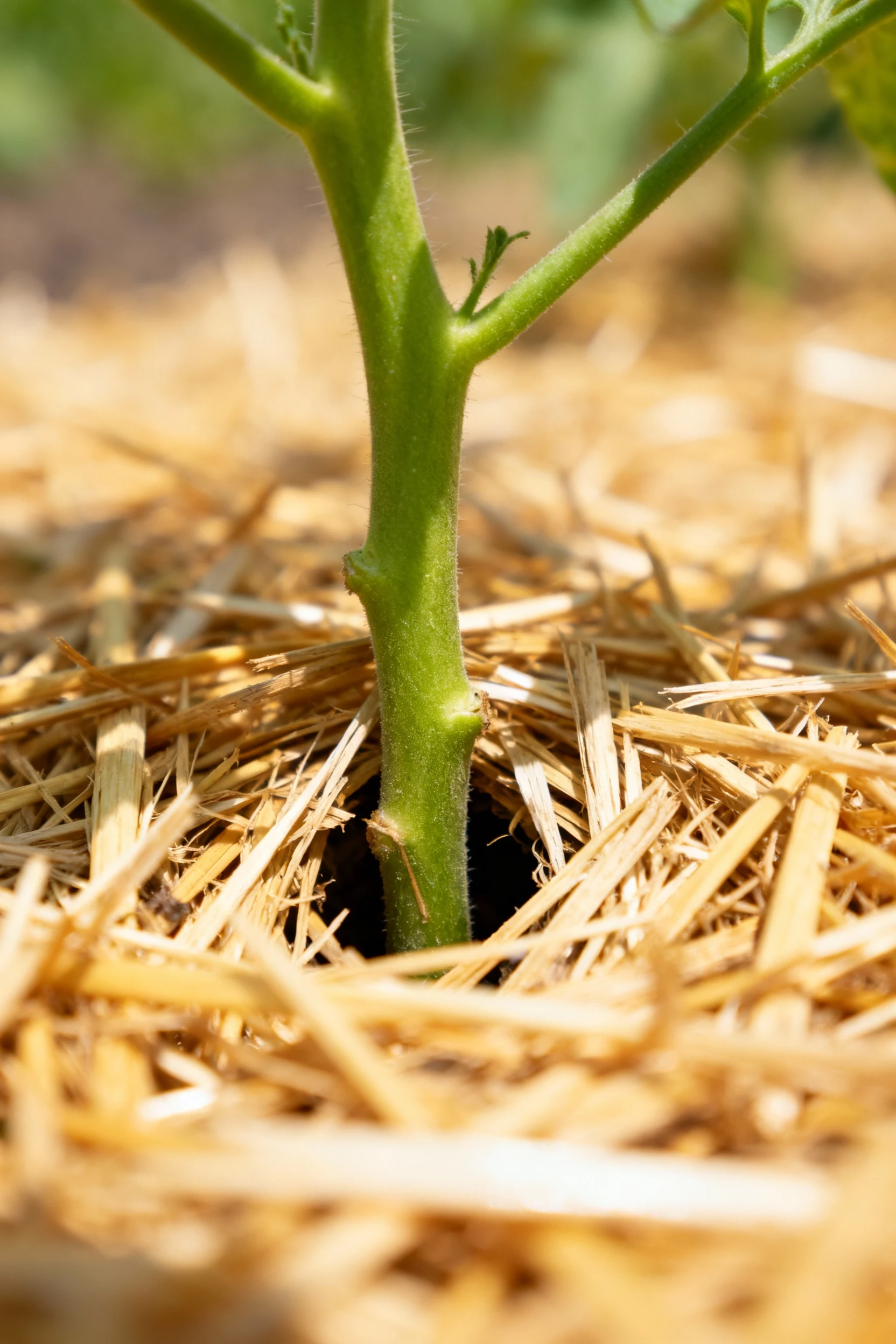 closeup straw mulch around green tomato stems, gap near stem